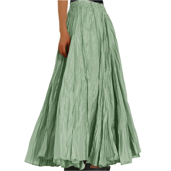 WTOBBY Women's Casual Pleated Solid Color Maxi Skirt A-Line Floor Length Skirt High Waist Flowy Swishy Long Skirt with Elastic Waist for Bohemian Style,Green XL