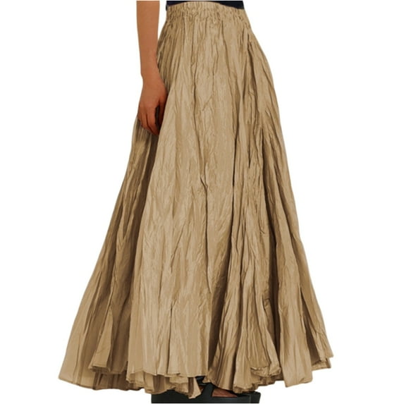 WTOBBY Women's Casual Pleated Solid Color Maxi Skirt A-Line Floor Length Skirt High Waist Flowy Swishy Long Skirt with Elastic Waist for Bohemian Style,Khaki L