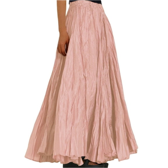 WTOBBY Women's Casual Pleated Solid Color Maxi Skirt A-Line Floor Length Skirt High Waist Flowy Swishy Long Skirt with Elastic Waist for Bohemian Style,Pink XL