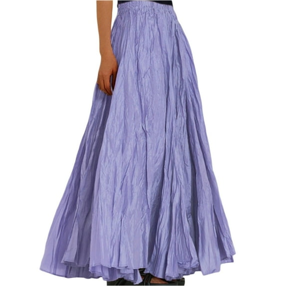 WTOBBY Women's Casual Pleated Solid Color Maxi Skirt A-Line Floor Length Skirt High Waist Flowy Swishy Long Skirt with Elastic Waist for Bohemian Style,Purple L