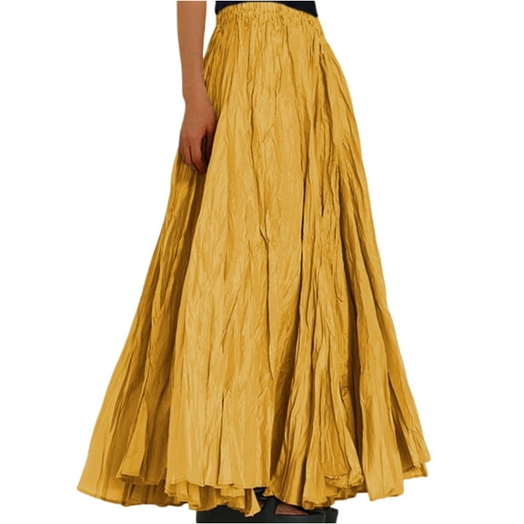 WTOBBY Women's Casual Pleated Solid Color Maxi Skirt A-Line Floor Length Skirt High Waist Flowy Swishy Long Skirt with Elastic Waist for Bohemian Style,Yellow XL
