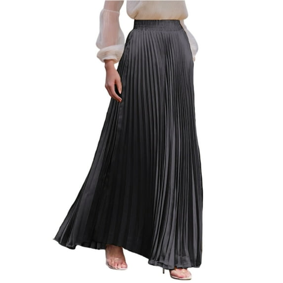 WTOBBY Women's Casual Pleated Solid Color Maxi Skirt A-Line Floor Length Skirt High Waist Flowy Swishy Long Skirt with Elastic Waist for Boho and Daily Style,Black L