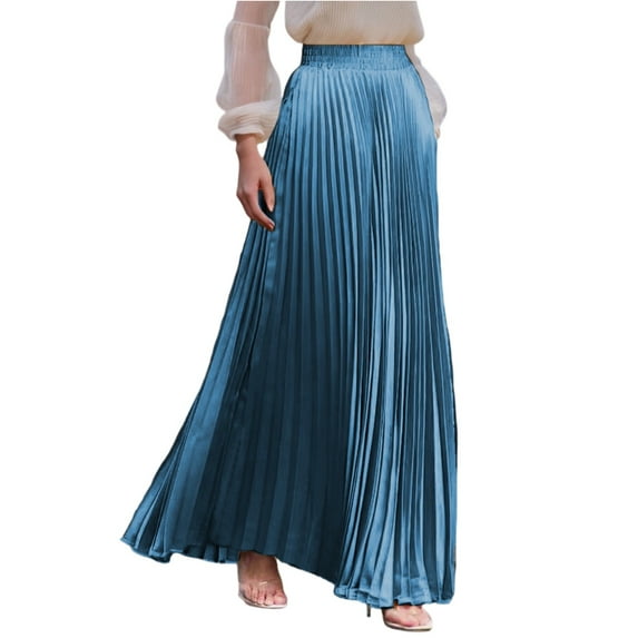 WTOBBY Women's Casual Pleated Solid Color Maxi Skirt A-Line Floor Length Skirt High Waist Flowy Swishy Long Skirt with Elastic Waist for Boho and Daily Style,Blue M