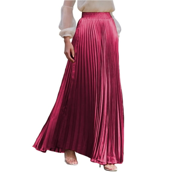 WTOBBY Women's Casual Pleated Solid Color Maxi Skirt A-Line Floor Length Skirt High Waist Flowy Swishy Long Skirt with Elastic Waist for Boho and Daily Style,Hot Pink S
