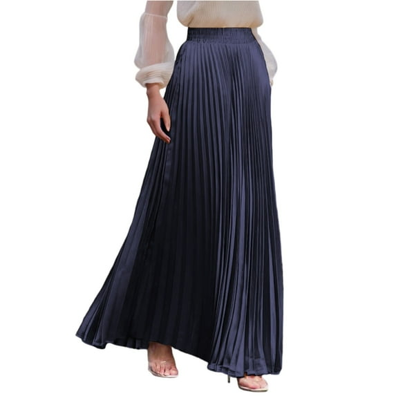 WTOBBY Women's Casual Pleated Solid Color Maxi Skirt A-Line Floor Length Skirt High Waist Flowy Swishy Long Skirt with Elastic Waist for Boho and Daily Style,Navy L