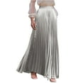 thumbnail image 1 of WTOBBY Women's Casual Pleated Solid Color Maxi Skirt A-Line Floor Length Skirt High Waist Flowy Swishy Long Skirt with Elastic Waist for Boho and Daily Style,Silver XL, 1 of 5