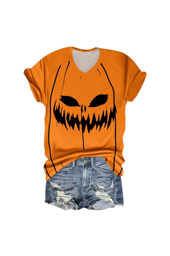 WTOBBY Women's Casual Pumpkin Printed Halloween Top with V-Neck and Raglan Sleeves, Fashion 3/4 Length Design for Seasonal Fun, Perfect T-Shirt Style for Costume Events,Orange M