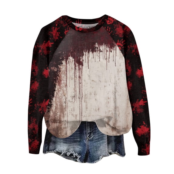 WTOBBY Women's Casual Raglan Sleeve Sweater Top with Halloween Print, Fashion Long Sleeve Round Neck Design for Cozy Wear, Perfect for Autumn and Casual Styles,Deep Red 5XL