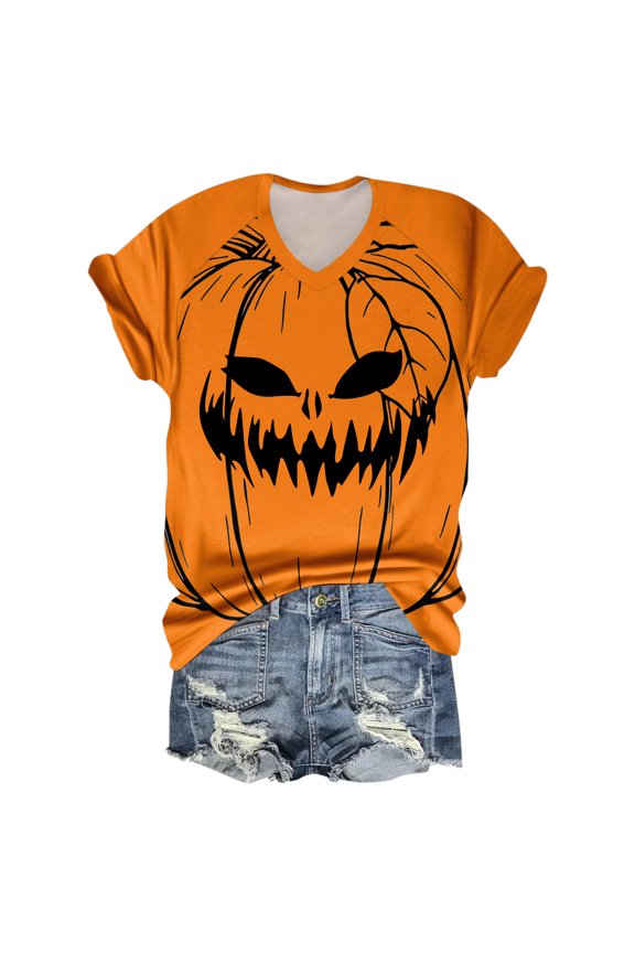 WTOBBY Women's Casual Raglan Sleeve Top with V-Neck and Pumpkin Print, Halloween Themed Fashion Three-Quarter Sleeve Design for Seasonal Fun,T-Shirt Perfect for Costume Events,Orange M