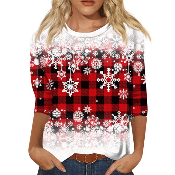 WTOBBY Women's Casual Round Neck 3/4 Sleeve Loose Printed T-Shirt with Christmas Design, Women's Holiday Season Top for Daily Wear, Comfortable Fashion Blouse,Red 2XL