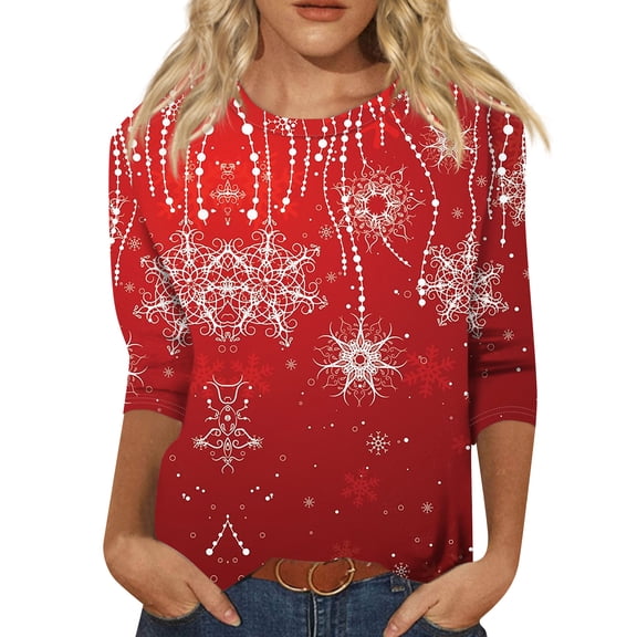 WTOBBY Women's Casual Round Neck 3/4 Sleeve Loose Printed T-Shirt with Christmas Design, Women's Holiday Season Top for Daily Wear, Comfortable Fashion Blouse,Vermilion XL