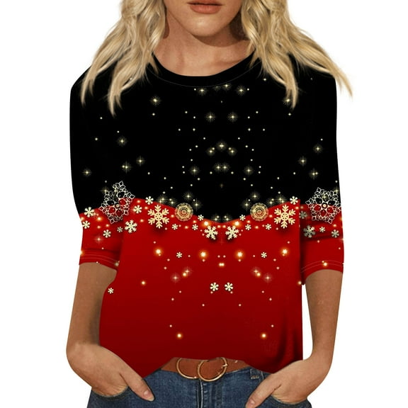 WTOBBY Women's Casual Round Neck 3/4 Sleeve Loose Printed T-Shirt with Christmas Design, Women's Holiday Season Top for Daily Wear, Comfortable Fashion Blouse,Watermelon Red XL