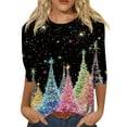 thumbnail image 1 of WTOBBY Women's Casual Round Neck 3/4 Sleeve Loose Printed T-Shirt with Christmas Elements, Ladies Holiday Theme Top for Everyday Fashion, Comfortable Wear Blouse,Multicolor L, 1 of 6