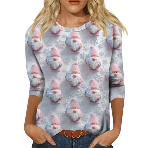 WTOBBY Women's Casual Round Neck 3/4 Sleeve Loose Printed T-Shirt with Christmas Elements, Ladies Holiday Theme Top for Everyday Wear, Comfortable Fashion Blouse,Pink M
