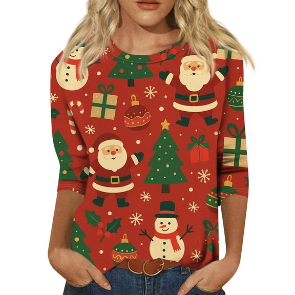 WTOBBY Women's Casual Round Neck 3/4 Sleeve Loose Printed T-Shirt with Christmas Elements, Ladies Holiday Theme Top for Everyday Wear, Comfortable Fashion Blouse,Wine M