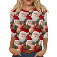 thumbnail image 1 of WTOBBY Women's Casual Round Neck 3/4 Sleeve Loose Printed T-Shirt with Christmas Elements, Ladies Holiday Theme Top for Everyday Wear, Comfortable Fashion Blouse,Wine XL, 1 of 6