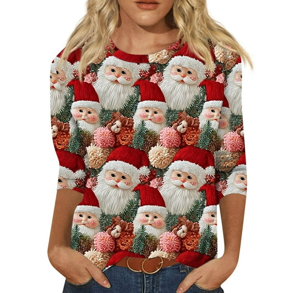 WTOBBY Women's Casual Round Neck 3/4 Sleeve Loose Printed T-Shirt with Christmas Elements, Ladies Holiday Theme Top for Everyday Wear, Comfortable Fashion Blouse,Wine S