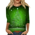thumbnail image 1 of WTOBBY Women's Casual Round Neck 3/4 Sleeve Loose Printed T-Shirt with Christmas Theme, Women's Holiday Season Top for Daily Wear, Comfortable Fashion Blouse,Green M, 1 of 6