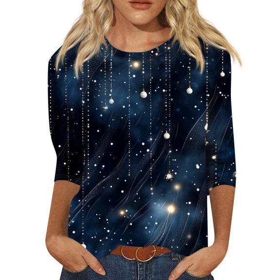 WTOBBY Women's Casual Round Neck Christmas Print 3/4 Sleeve T-Shirt, Ladies Holiday Season Top with Seasonal Design, Comfortable Blouse for Daily Fashion Outings,Navy S