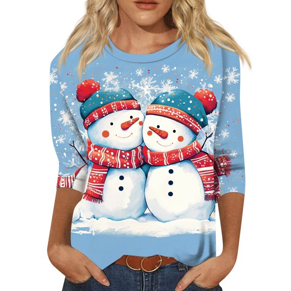 WTOBBY Women's Casual Round Neck Christmas Print 3/4 Sleeve T-Shirt, Ladies Holiday Season Top with Seasonal Design, Comfortable Blouse for Daily Fashion Wear,Sky Blue 3XL