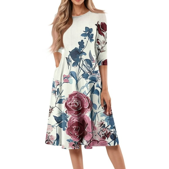 WTOBBY Women's Casual Round Neck Floral Print 3/4 Sleeve Midi Dress, Stylish Digital Pattern Dress with Comfort Fit for Everyday Elegance,Light pink S