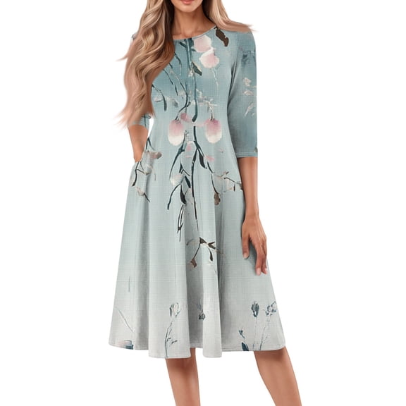 WTOBBY Women's Casual Round Neck Floral Print 3/4 Sleeve Midi Dress, Stylish Digital Pattern Dress with Comfort Fit for Everyday Elegance,Mint Green S