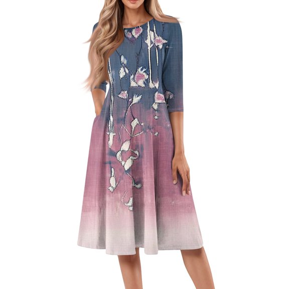 WTOBBY Women's Casual Round Neck Floral Print 3/4 Sleeve Midi Dress, Stylish Digital Pattern Dress with Comfort Fit for Everyday Elegance,Pink S