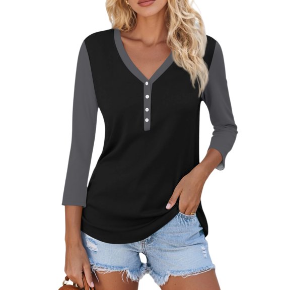 WTOBBY Women's Casual Sexy V-Neck Top with Color Block Design, Button Detail, and 3/4 Sleeve, Ideal for Spring Fall Season, Everyday Wear, and Special Events,Dark Gray 2XL
