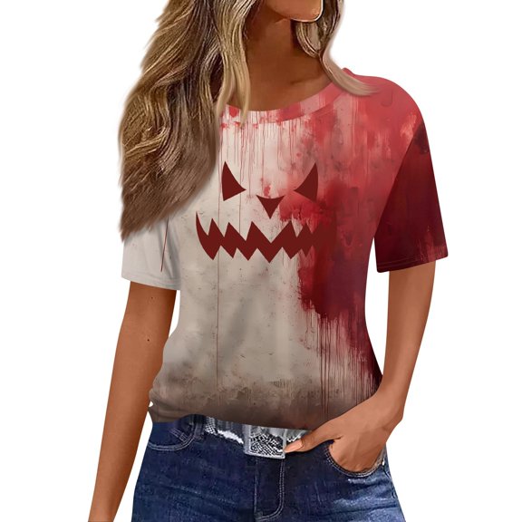 WTOBBY Women's Casual Short Sleeve Pullover Top with Round Neck, Featuring Bloody Halloween Print for Seasonal Fashion,Perfect for Costume Events, Soft and Stylish Apparel,Red M