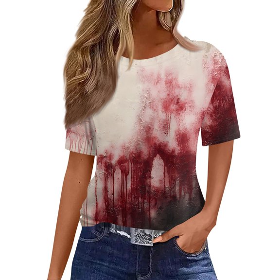 WTOBBY Women's Casual Short Sleeve Pullover Top with Round Neck, Featuring Bloody Halloween Print for Seasonal Fashion,Perfect for Costume Events, Soft and Stylish Apparel,Watermelon Red S
