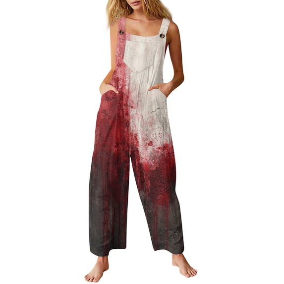 WTOBBY Women's Casual Sleeveless Jumpsuit in Cotton with Halloween Printed Design, Lightweight and Breathable for Everyday Comfort, Perfect for Warm Weather,Wine2XL