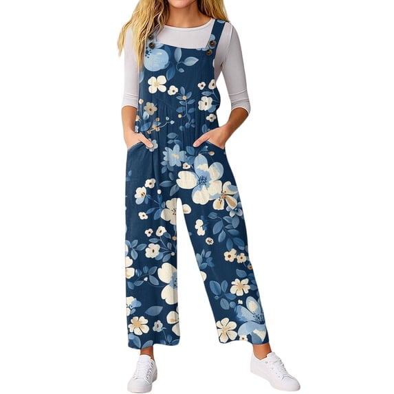 WTOBBY Women's Casual Sleeveless Jumpsuit with Retro Floral Print, Fashionable Loose Fit Design for Comfortable and Stylish Everyday Wear,Dark Blue2XL