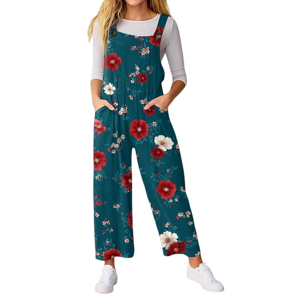 WTOBBY Women's Casual Sleeveless Jumpsuit with Retro Floral Print, Fashionable Loose Fit Design for Comfortable and Stylish Everyday Wear,Dark GreenS