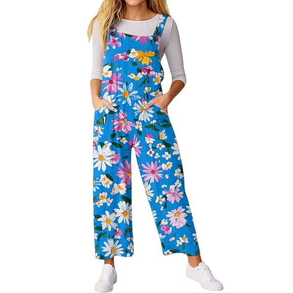 WTOBBY Women's Casual Sleeveless Jumpsuit with Retro Floral Print, Fashionable Loose Fit Design for Comfortable and Stylish Everyday Wear,Light BlueM