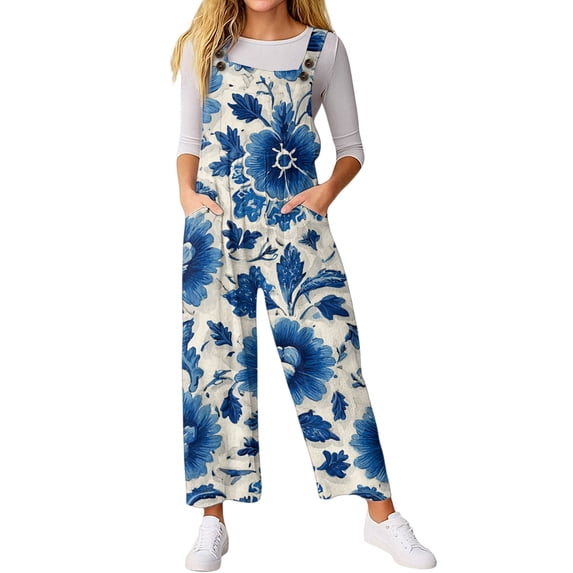 WTOBBY Women's Casual Sleeveless Jumpsuit with Retro Floral Print, Fashionable Loose Fit Design for Comfortable and Stylish Everyday Wear,Royal BlueS