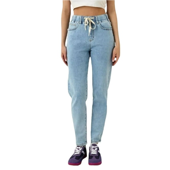 WTOBBY Women's Casual Solid Color Jeans, Loose Fit Fashion Jeans with Comfortable Stretch Material, Perfect for Everyday Wear and Casual Occasions,Light Blue 2XL