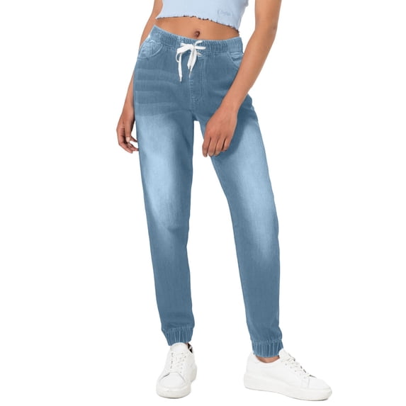 WTOBBY Women's Casual Solid Color Mid Waist Drawstring Lantern Jeans, Stylish and Comfortable Trousers with Pockets, Functional and Fashionable Design,Light Blue 2XL
