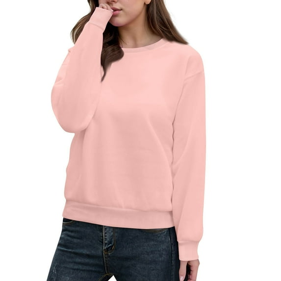 WTOBBY Women's Casual Solid Color Round Neck Long Sleeve Pullover Top, Fashion Blouse for Ladies Comfortable and Simple with Everyday Style,Light pink L