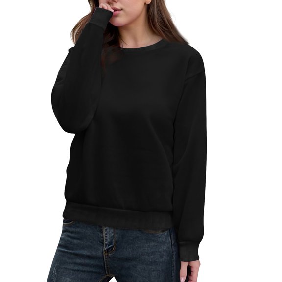 WTOBBY Women's Casual Solid Color Round Neck Long Sleeve Pullover Top, Fashion Blouse for Ladies Comfortable and Simple with Everyday Style,Black M