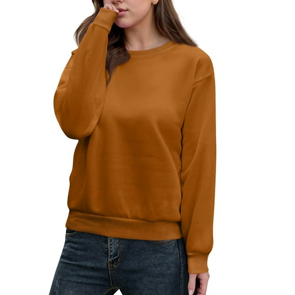 WTOBBY Women's Casual Solid Color Round Neck Long Sleeve Pullover Top, Fashion Blouse for Ladies Comfortable and Simple with Everyday Style,Brown M