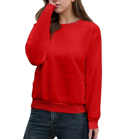 WTOBBY Women's Casual Solid Color Round Neck Long Sleeve Pullover Top, Fashion Blouse for Ladies Comfortable and Simple with Everyday Style,Red XL