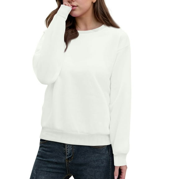 WTOBBY Women's Casual Solid Color Round Neck Long Sleeve Pullover Top, Fashion Blouse for Ladies Comfortable and Simple with Everyday Style,White XL