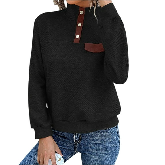 WTOBBY Women's Casual Solid Color Splicing Slim Fit Textured Stand Collar Long Sleeve Top for Fashion Comfort, Pullover Style, and Versatile Outfit Options,Black L