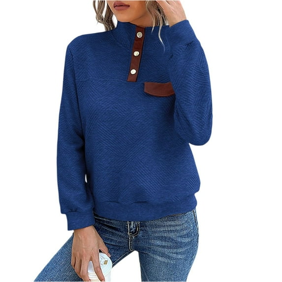 WTOBBY Women's Casual Solid Color Splicing Slim Fit Textured Stand Collar Long Sleeve Top for Fashion Comfort, Pullover Style, and Versatile Outfit Options,Blue L