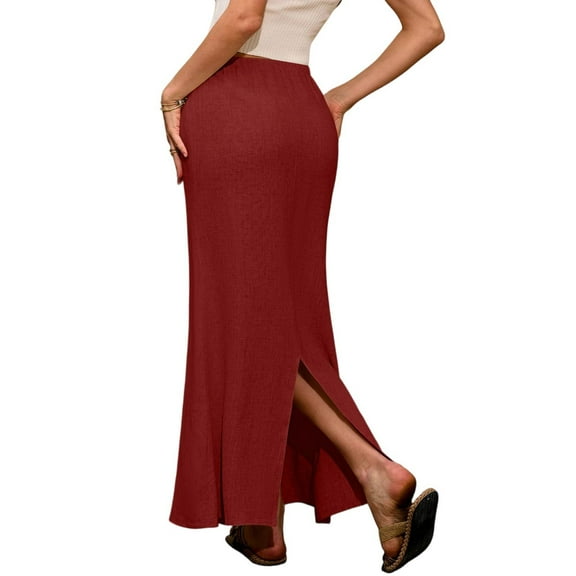 WTOBBY Women's Casual Solid Color Swing Skirt Fish Tail Split Hem Elastic Waist Maxi Skirt with Side Pockets Lightweight Flowy Boho Skirt for Summer,Wine 2XL
