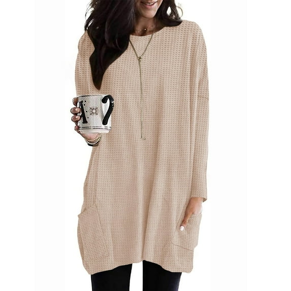 WTOBBY Women's Casual Solid Color Top with Round Neck and Pocket Detail, Mid-Length Long Sleeve Design for Versatile Wear, Great for Everyday Outfits,Beige 2XL