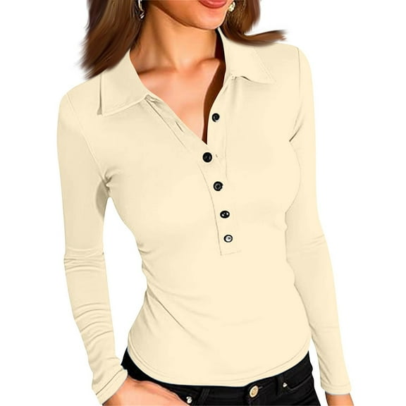 WTOBBY Women's Casual Solid Color V Neck Button Down Collar Long Sleeve Polo Shirt, Classic Preppy Style Top, Comfortable Stretch Blouse,Khaki M