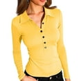 thumbnail image 1 of WTOBBY Women's Casual Solid Color V Neck Button Down Collar Long Sleeve Polo Shirt, Classic Preppy Style Top, Comfortable Stretch Blouse,Yellow L, 1 of 6