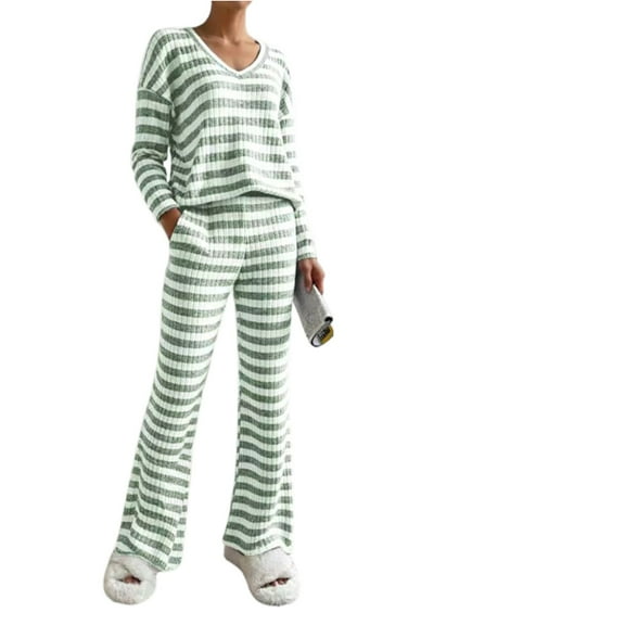 WTOBBY Women's Casual Straight Leg Pants and V-Neck Top Relaxed Fit Suit Set, Elegant Loose Comfortable Office Wear Two Piece Outfit for Women,Army Green S