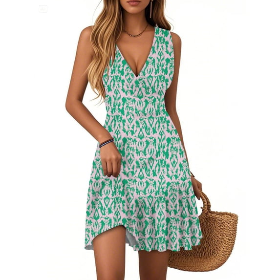 WTOBBY Women's Casual Summer Dress V-Neck Sleeveless Floral Print Pleated Hem Dress with Elastic Waist for Daily Comfort and All-Day Wear,Mint GreenXL